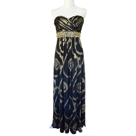 Betsy & Adam Black Metallic Gold Swirl Embellished Strapless Maxi Dress Gown - Picture 2 of 11